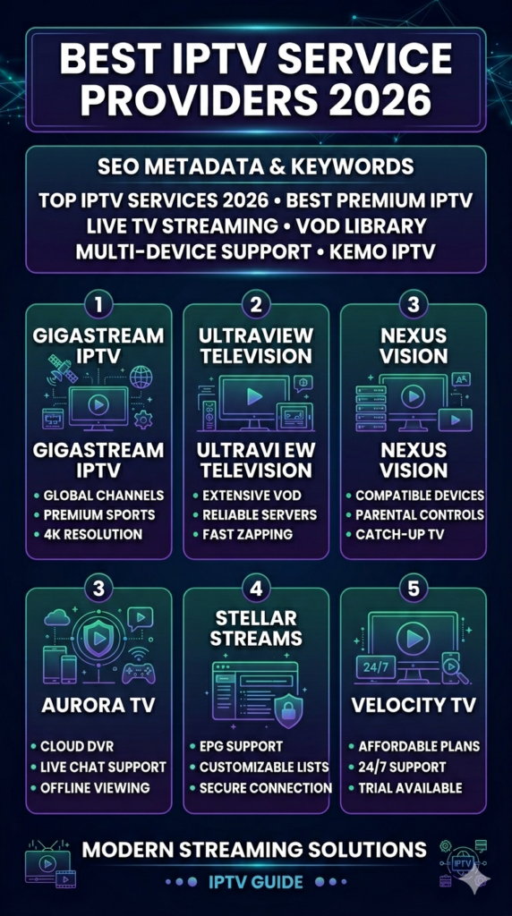 best IPTV service providers 2026 ranked list infographic showing top 10 providers by channel count stream quality and pricing